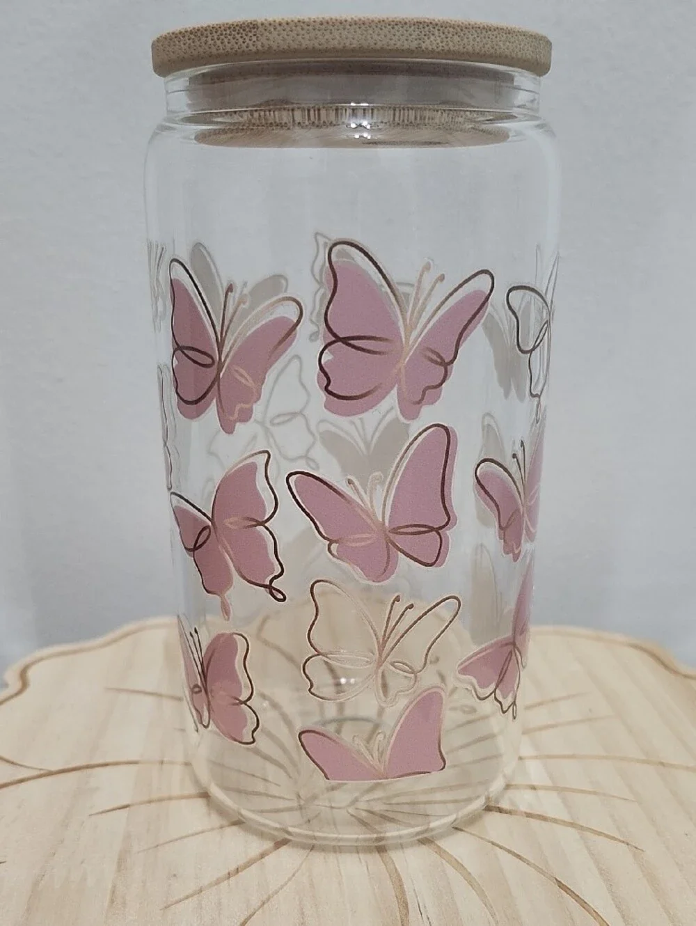 Glass 16oz Tumbler with Pink Butterfly Design